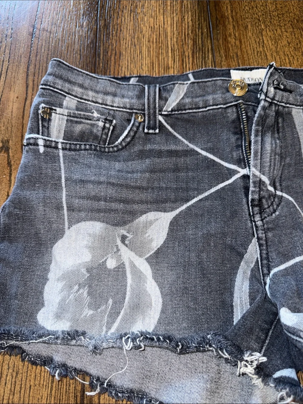 Hudson Jeans Kenzie Noir Bloom Black Floral Print Frayed Denim Shorts